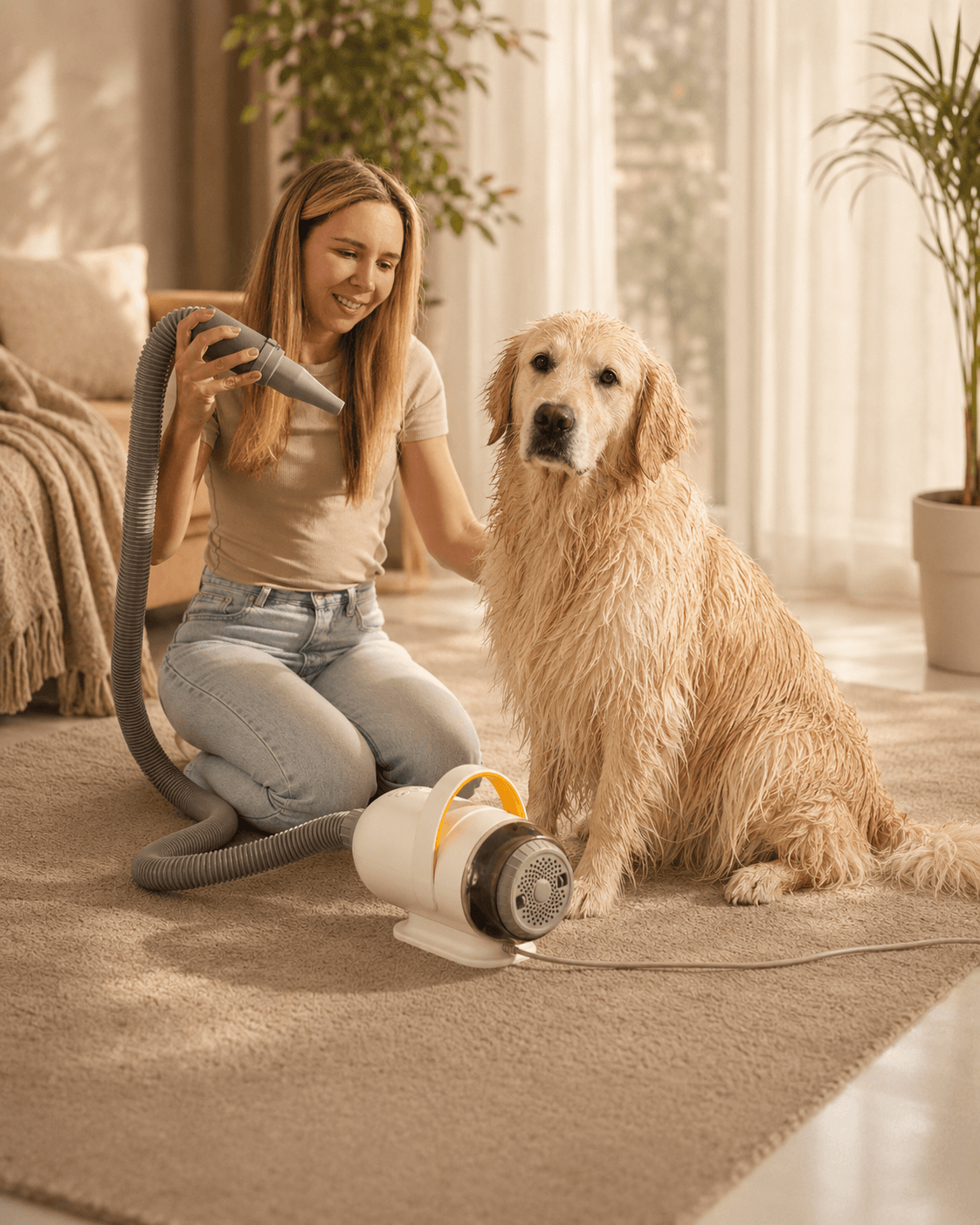 MUGGI Pulseur en utilisation avec un Golden Retriever après le bain
